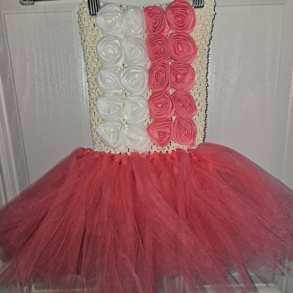 Handmade Crochet Pink and White Tutu Dress With Roses